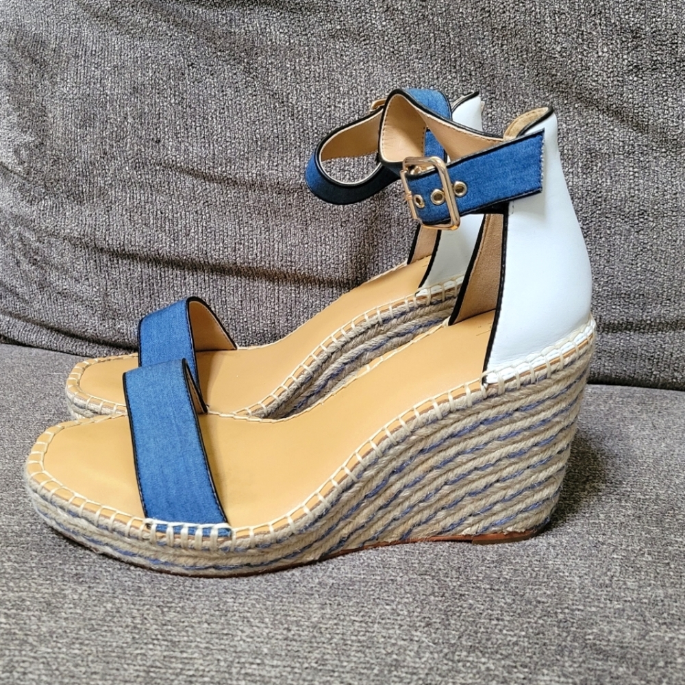 CAbi Blue and White Espadrille Wedge Sandals